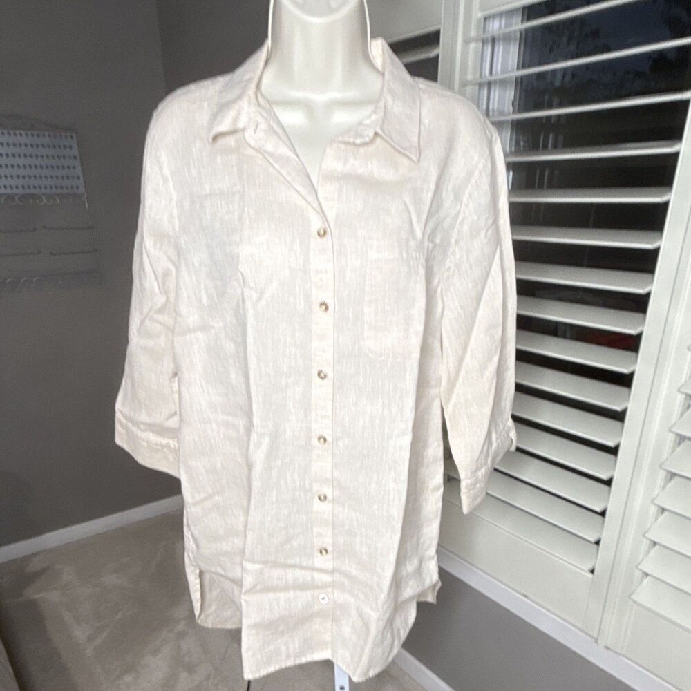 Chico's Beige Tan Linen No-Iron ButtonUp Collared Shirt 3/4 Roll Tab Sz 12 14 LG